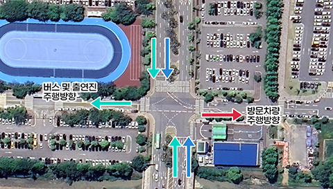 1, 2 구간 항공사진. 교차로에서 버스 및 출연진은 왼쪽으로, 방문차량은 오른쪽으로 주행합니다.